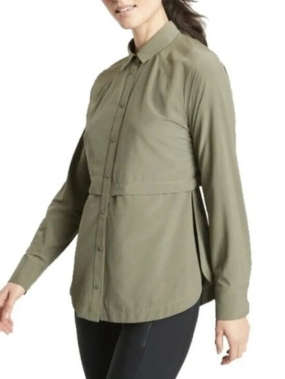 Athleta Northstar Shirt Snap Button Olive Green Lightweight Drawstring Women Med - Picture 2 of 11